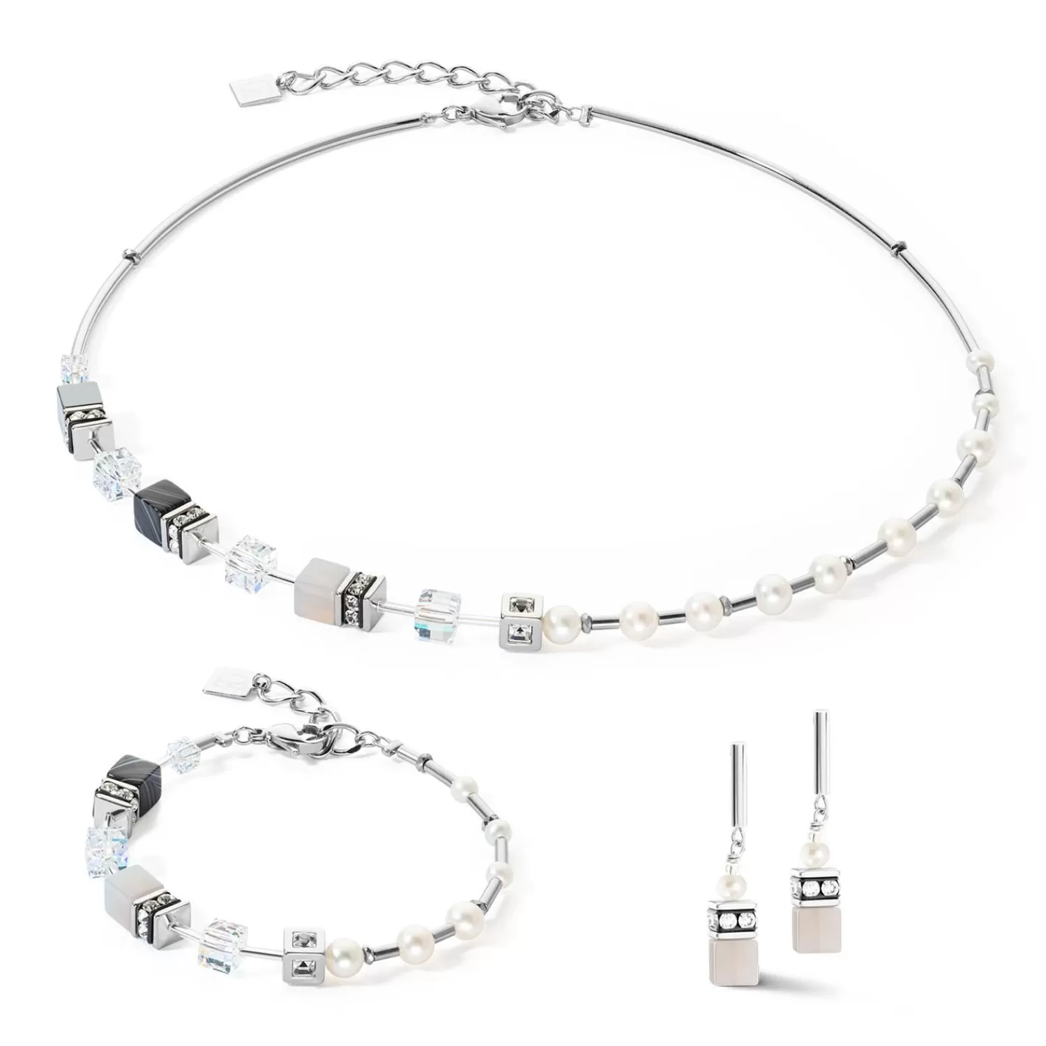 COEUR DE LION Armband Geocube® Fusion Precious Pearl Mix Silbergrau- Echter Stein