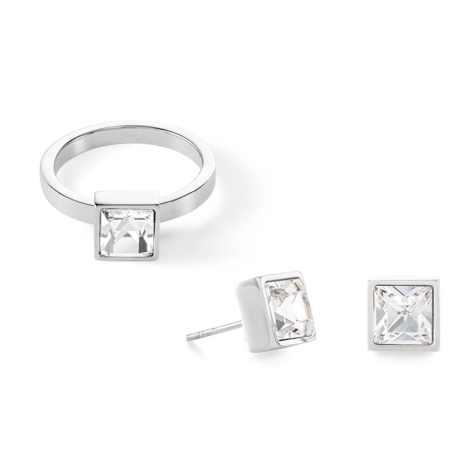 COEUR DE LION Brillanter quadratischer großer Ring aus Silberkristall- Mix&And&Match-Ringe