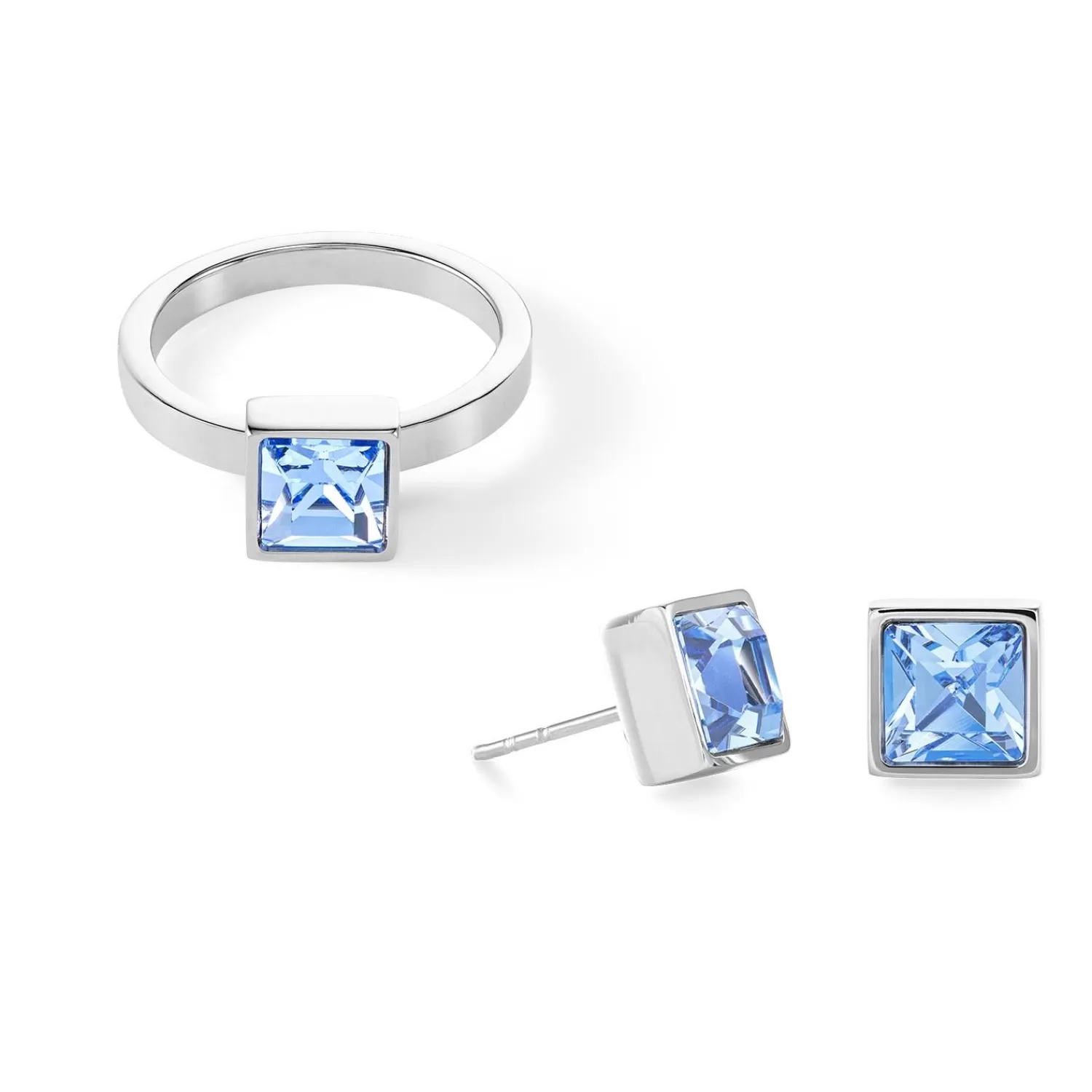 COEUR DE LION Brillanter quadratischer großer Ring Silber Hellblau- Mix&And&Match-Ringe