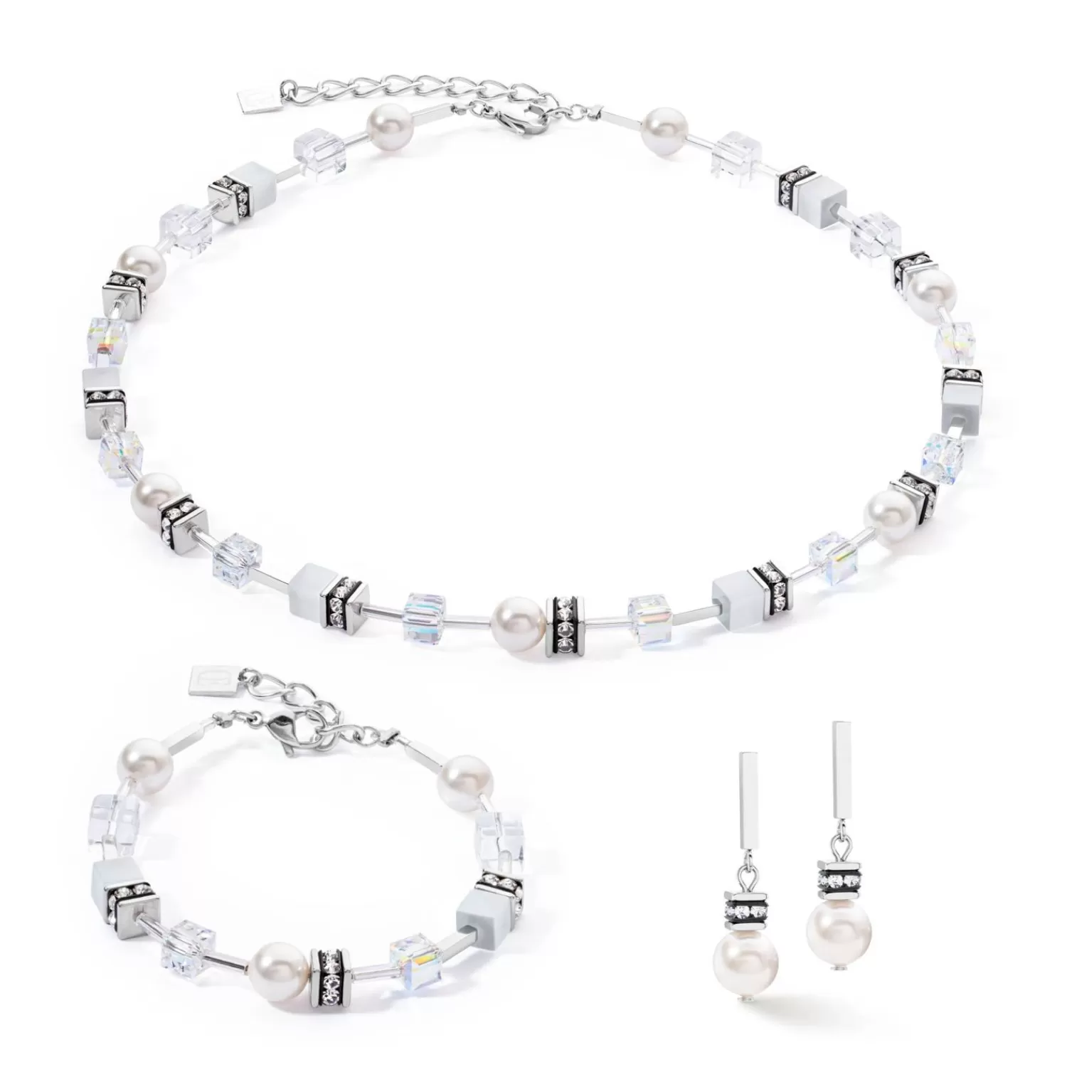 COEUR DE LION Geocube® Iconic Pearl Mix Halskette Silber-Weiß- Geocube® Halsketten