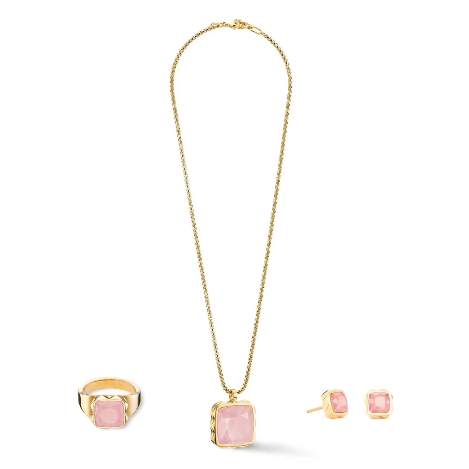 COEUR DE LION Halskette Amulett Spikes Quadrat Rosenquarz Gold-Rosa- Edelsteinketten