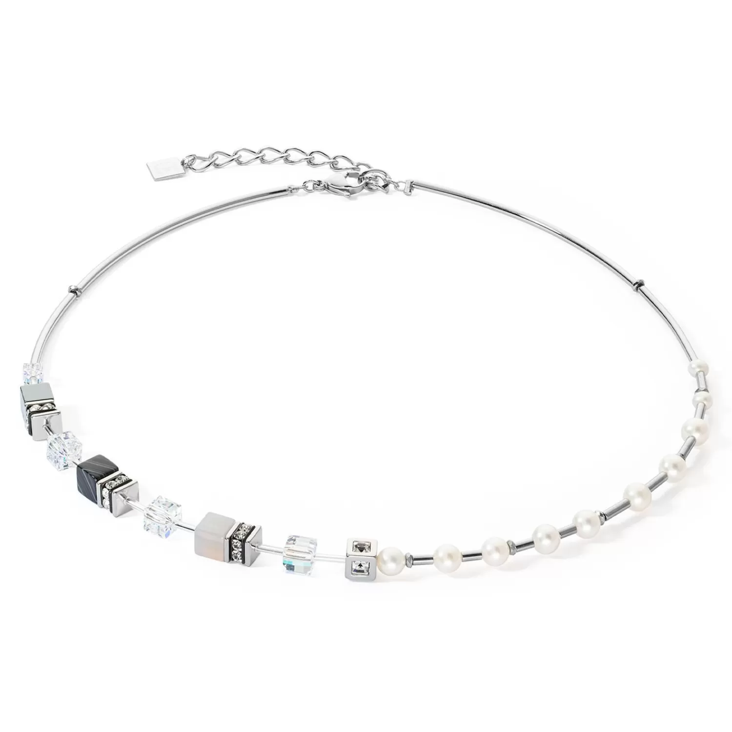 COEUR DE LION Halskette Geocube® Fusion Precious Pearl Mix Silbergrau- Echter Stein