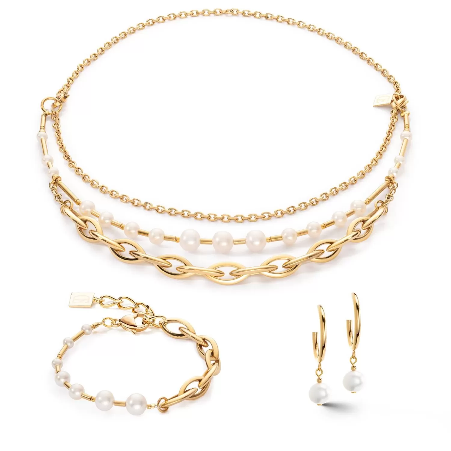 COEUR DE LION Ohrringe Creolen mit Süßwasserperlen und klobiger Kette Navette Multiwear Weißgold- Creolen