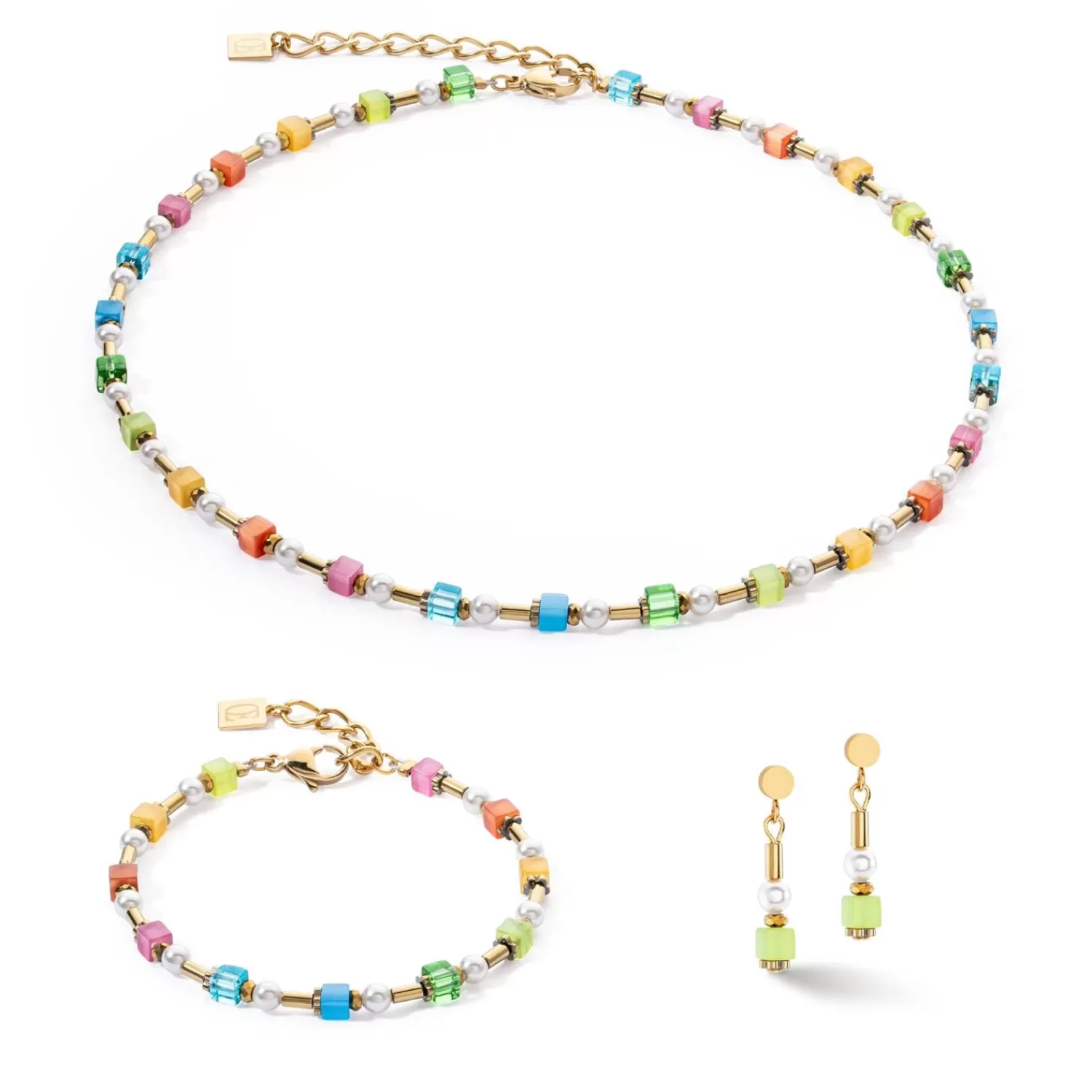 COEUR DE LION Ohrringe Mini Cubes & Pearls Mix Gold-Regenbogen- Ohrstecker