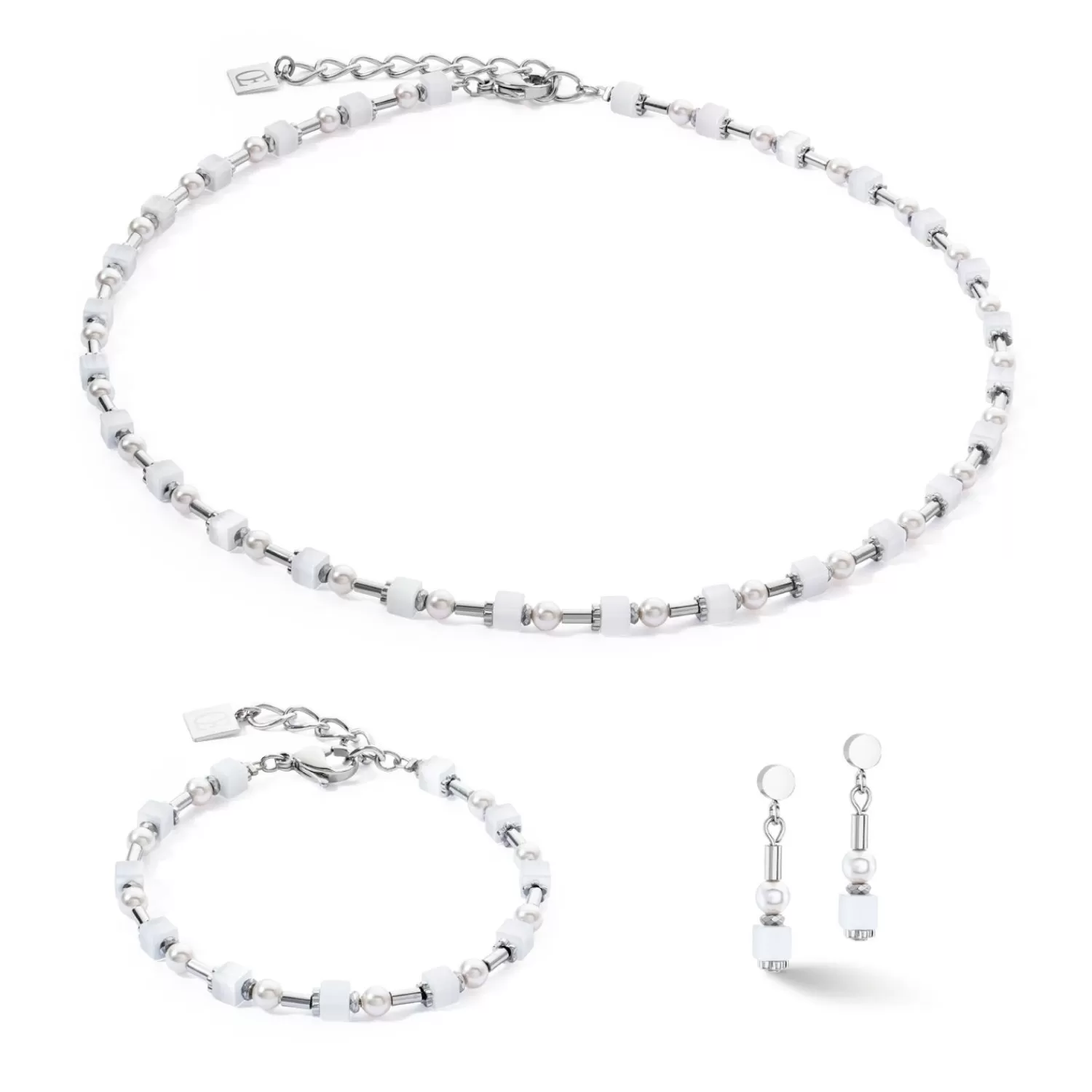 COEUR DE LION Ohrringe Mini Cubes & Pearls Mix Silber-Weiß- Ohrstecker