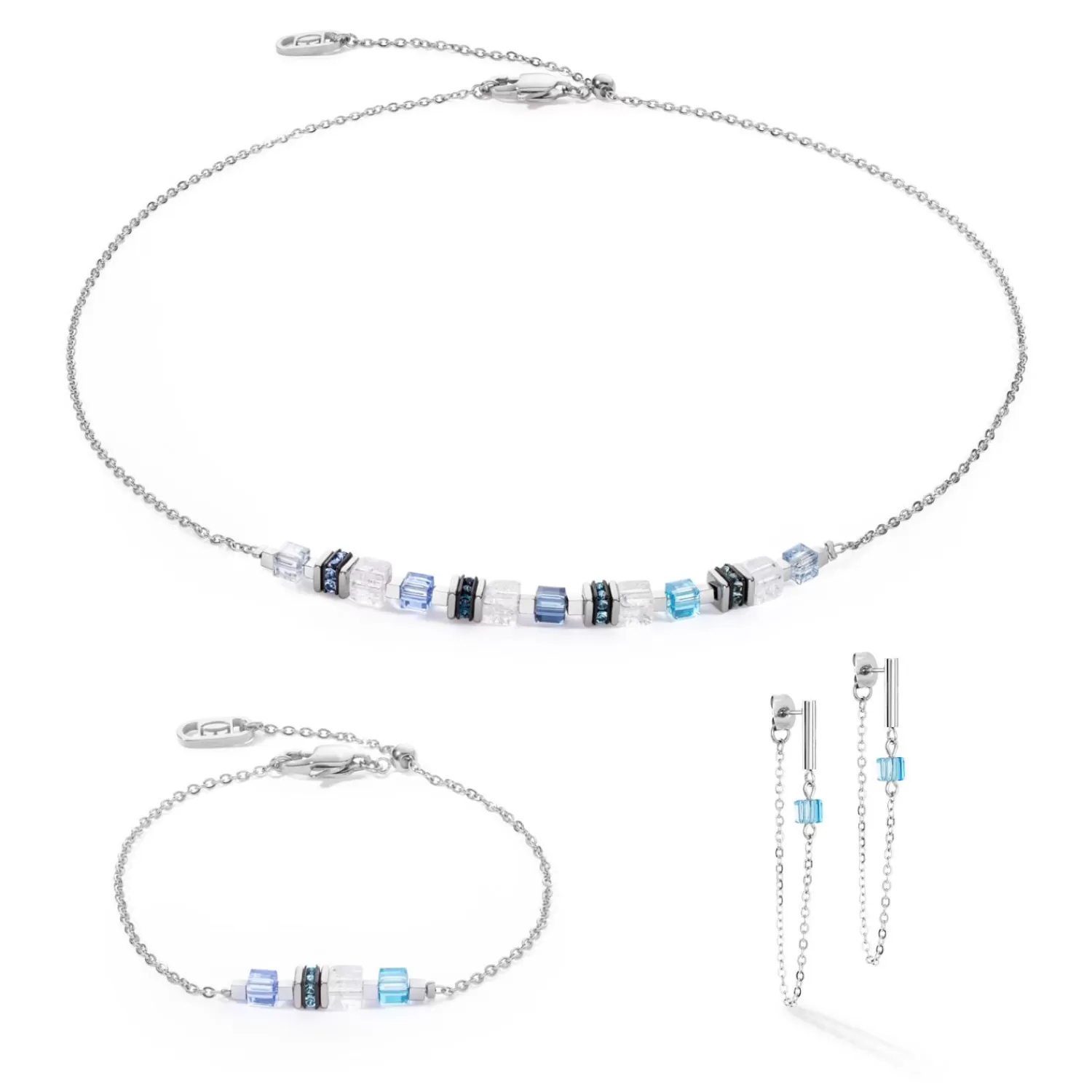 COEUR DE LION Ohrringe Mini Würfel & Kette Silber-Blau- Ohrstecker