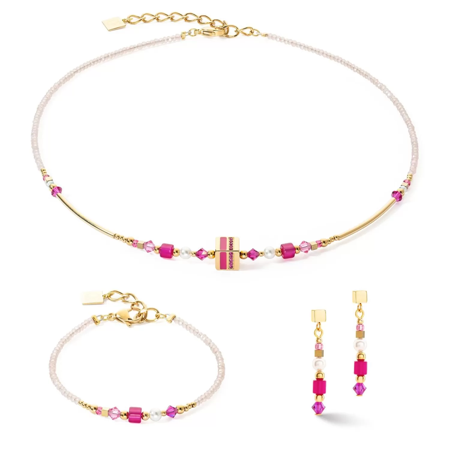 COEUR DE LION Ohrringe Quadratische Streifen Gold-Magenta- Ohrstecker